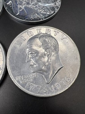 Lot of 4 Used Large 3 Inch Novelty Pewter Coin/Coaster/Paperweight Kennedy Ike +