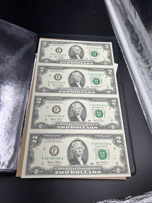 4 Note Souvenir Sheet 2003 US $2 Two Dollar FRN Federal Reserve Notes in Book #B