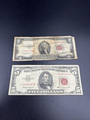 Star * Note Collector's Lot 1953 $2 & 1963 $5 USN Red Seal Notes Very Circ #67