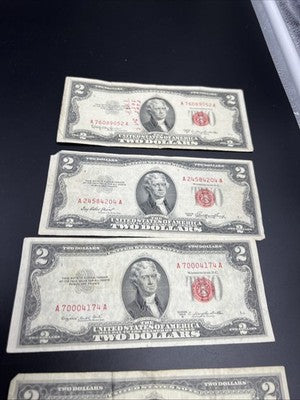 Lot of 4 1963 1953 $2 USN Red Seal Notes Average Circ Red Seal Bills #687