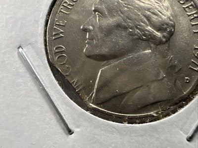 1971 D 5c Jefferson Double Clipped Error & Die Crack AU Circ