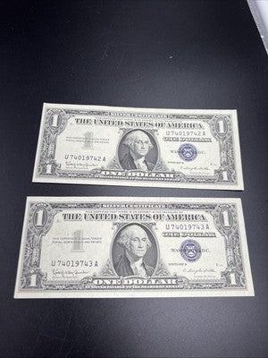 2 Consecutive 1957 B $1 One Dollar Silver Certificates CH AU / UNC #43