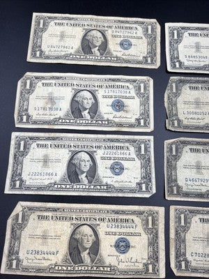 Lot of 10 VERY CIRC 1957 1935 $1 Dollar Silver Certificate Blue Seal Notes #82