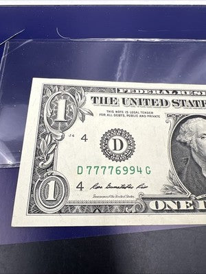 2013 $1 FRN Federal Reserve Note Lucky Serial Number 77776994 CH UNC