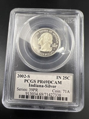 2002 S Proof Silver Indiana Statehood Quarter Coin PCGS PR69 DCAM #338