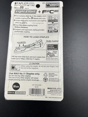 HD-11FLK Max Flat Clinch Stapler for 2x2 Coin Flips Stapler Blue Hand Size New