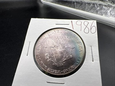 1986 1 Oz ASE American Silver Eagle Coin Gem BU UNC PQ Blue Toning Toner REV