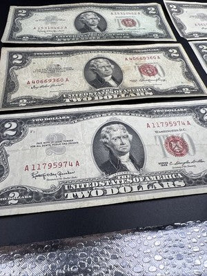 Lot of 6 1953 1963 $2 USN Red Seal Legal Tender Bills VG Very Good Circ #74