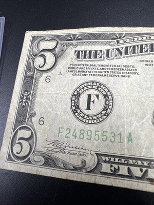 1934 $5 Five Dollafr FRN Federal Reserve Note VG Very Good Circ #31