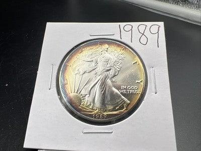 1989 1 Oz ASE American Silver Eagle Coin Gem BU Neat Toning Toner Obverse #26b