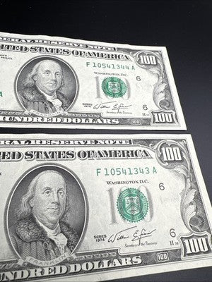2 Consecutive 1974 $100 One Hundred Dollar FRN Federal Reserve Note Bills XF EF