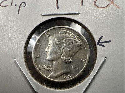 1927 P 10c Mercury Silver Dime Coin Clipped Planchet Error XF EF Extra Fine