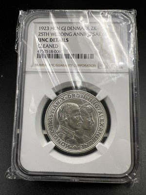 1923 Denmark 2 Kroner Silver Coin NGC UNC Details Cleaned