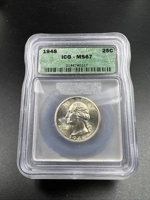 1948 P 25C Washington Quarter Silver Coin MS67 ICG #117 Some Toning