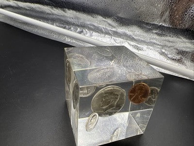Coin Cube 1964 5 Coin UNC Set w/ Silver 50c 10c 25c In Clear Plastic Paperweight