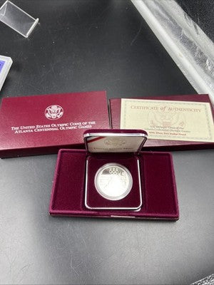 1995 Atlanta Olympics Runner Proof Silver Dollar Coin OGP Some Toning