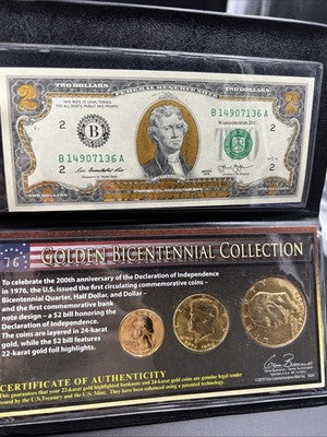 Bicentennial Enhanced Coin Collection 1976 25c 50c $1 Ike & 2013 $2 FRN Note