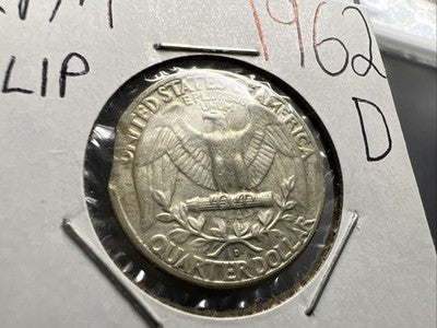 1962 D 25c Washington Silver Quarter Coin Double Clipped Planchet Error + RPM