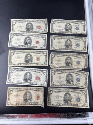 $5 Bill collector's Lot 10 US Bills - 5 USN Red Seals & 5 Silver Certificates