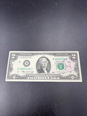 1976 $2 Two Dollar Bicentennial Bill Brookyln NY Postmarked (no Stamp) UNC #105