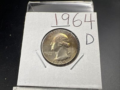 1964 D 25c Washington Silver Quarter Coin BU UNC Neat Toning Toner #a