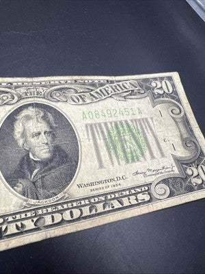 1934 $20 FRN Federal Reserve Note Green Seal VG Very Good Circ #451
