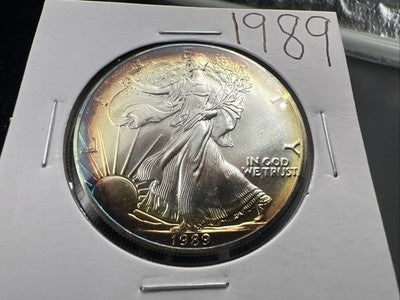 1989 1 Oz ASE American Silver Eagle Coin Gem BU Neat Toning Toner Obverse #26b
