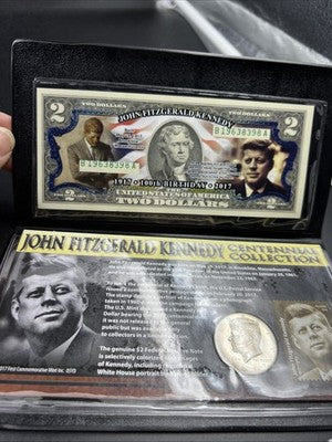 JFK Collection 2017 $2 Colorized Two Dolalr Bill FRN & Kennedy Half Dollar