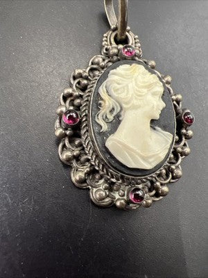 Carved Antique Wax Cameo in Sterling Silver w/ Stones Necklace Pendant 17.3 Gs