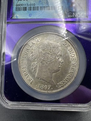 1867 Madrid Spain 2 Escudos Silver Coin NGC AU58 Choice AU Certified