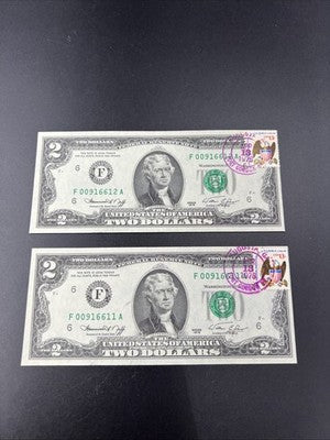 2 Consecutive 1976 $2 Bicentennial Federal Reserve Notes Postal Stamp Augusta GA