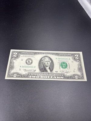 1976 $2 FRN Postal Federal Reserve Note UNC Repeat Serial #06060601