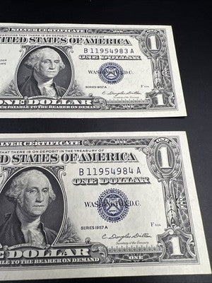 2 Consecutive 1957 A $1 One Dollar Blue Seal Silver Certificates CH AU / UNC #84