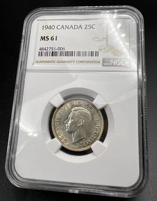 1940 Canada Silver Quarter 25 Cents Coin NGC MS61 UNC Uncirculated Certified #06