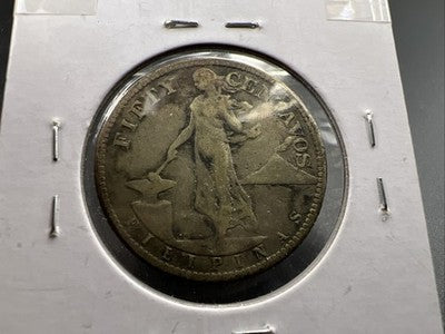 1917 S Philppines 50 Centavos Silver Coin Good / VG Very Good Circ