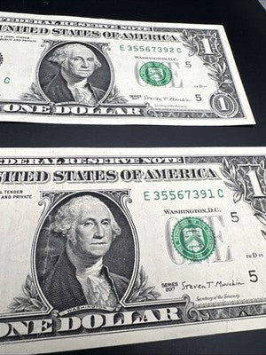 2 Consecutive 2017 $1 FRN Federal Reserve Notes Choice UNC #391