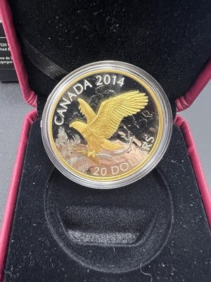 2014 Canada $20 Gilt Perched Bald Eagle Proof 1 oz Silver Coin in RCM Box COA