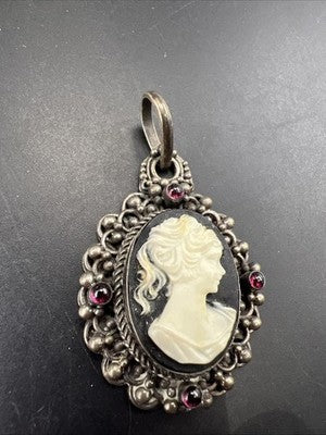 Carved Antique Wax Cameo in Sterling Silver w/ Stones Necklace Pendant 17.3 Gs
