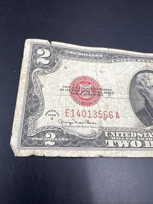 1928 G $2 Two Dollar Legal Tender United States Red Seal Note Very Circ #366