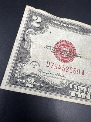1928 G $2 Two Dollar Legal Tender United States Red Seal Note CH VG Circ #669