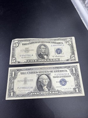 2 Note Lot 1957 1953 $1 & $5 Silver Certificates VG / F conditions #253