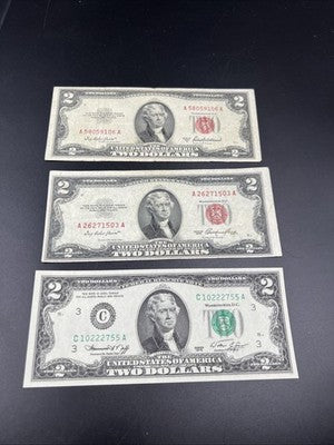 Two Dollar Bill Collector's 3 Note Lot 1953 USN Bills and 1976 FRN Bicentennial
