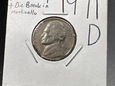 1971 D 5c Jefferson Double Clipped Error & Die Crack AU Circ