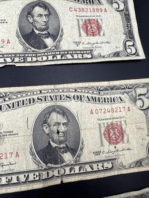 $5 Bill collector's Lot 9 US Bills - Very Circ 7 1963 USN 1 1995 FRN 1 1934 $5