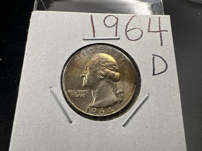 1964 D 25c Washington Silver Quarter Coin BU UNC Neat Toning Toner #a