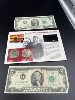 1976 Collector's Lot P D Kennedy Half 50c Set & 2x $2 FRN Two Dollar Bills Circ