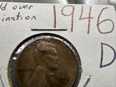 1946 D 1c Lincoln Wheat Cent Coin Fold Over Lamination VF / XF Circ