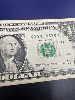 2017 $1 FRN Federal Reserve Note Lucky Serial Number 77718678 Very Circ