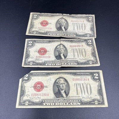 Lot of 3 1928 $2 Two Dollar USN United States Notes Red Seal Very Circ #180