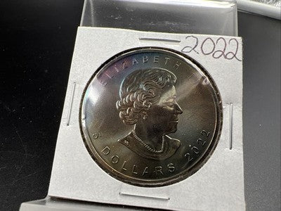 2022 Canada 1 Oz Silver Maple Leaf Neat Blue Toning Toner OBV GEM BU